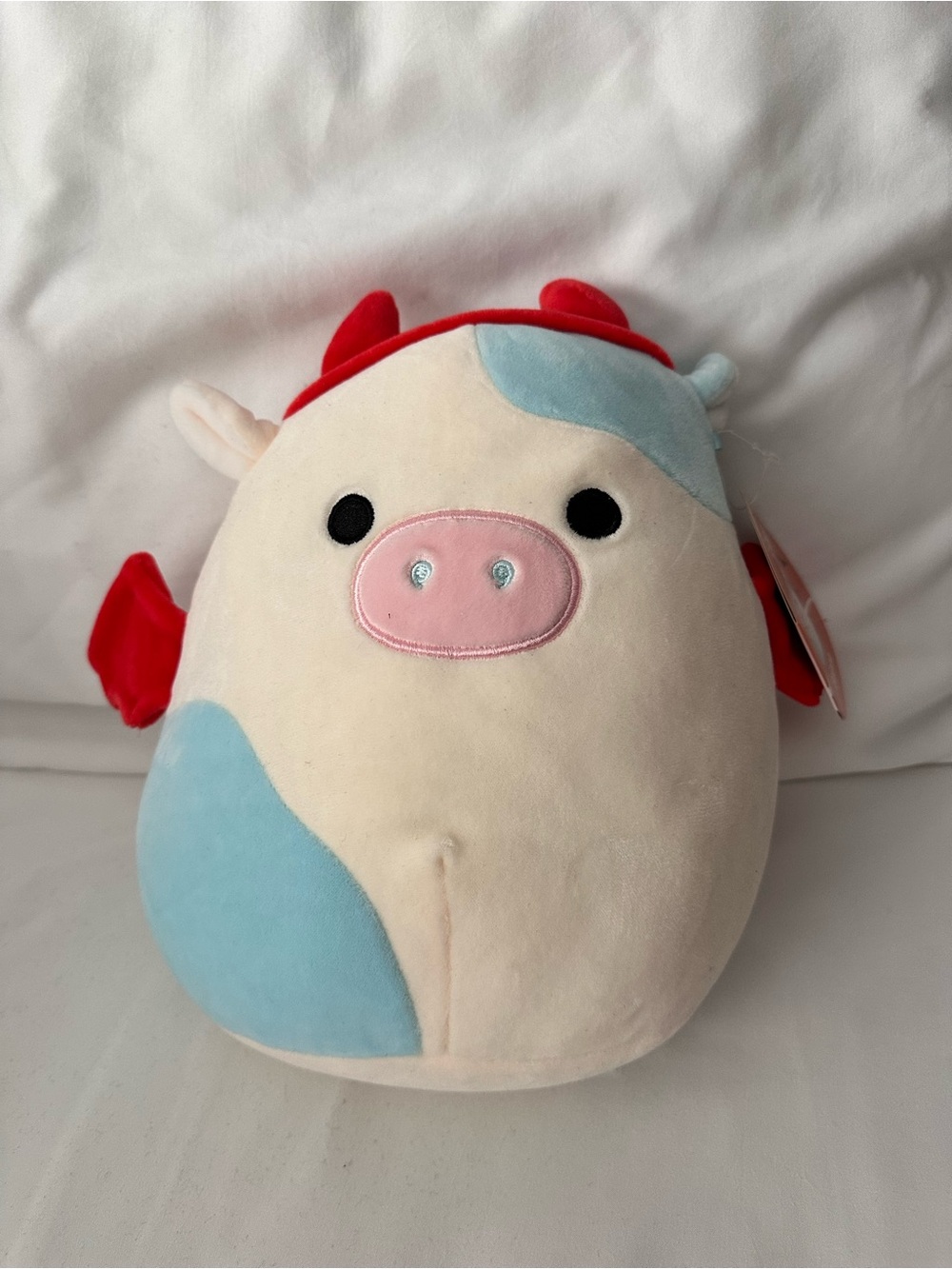 Kellytoy Cream Plush Pig with Light Blue Patches and Red Accents